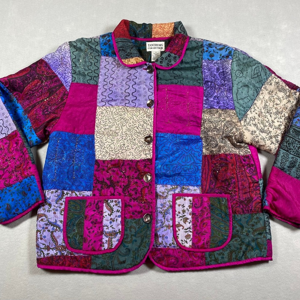 Tantrums Collection Vintage 100% Silk Patchwork Jacket Womens M Boho Hippie Pink
